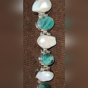 Emerald, Pearl and Sterling Silver Link Bracelet